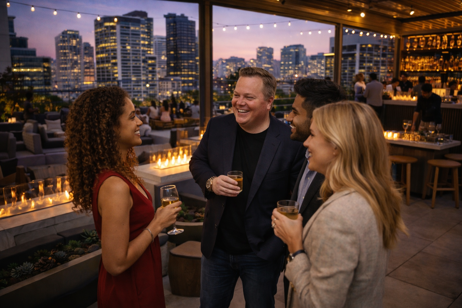 Rooftop gathering over a new city skyline